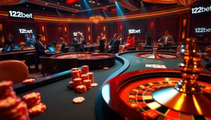 Intense poker game at a luxurious table featuring 12bet branding and vibrant casino elements.