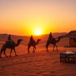 Agafay Desert camel ride during sunset with scenic views and traditional Berber tent.