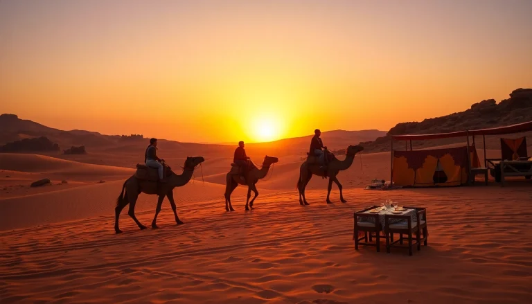 Agafay Desert camel ride during sunset with scenic views and traditional Berber tent.