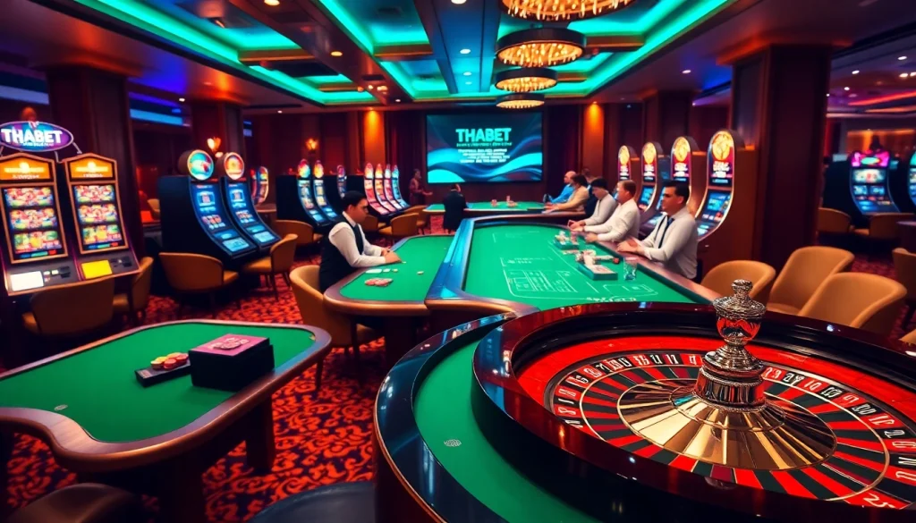 THABET casino scene showcasing luxurious poker tables and exciting slot machines.