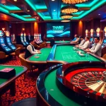 THABET casino scene showcasing luxurious poker tables and exciting slot machines.