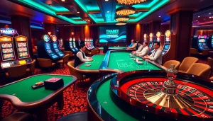 THABET casino scene showcasing luxurious poker tables and exciting slot machines.