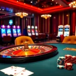 Experience high-stakes gaming with EV88's luxurious casino ambiance featuring roulette, cards, and chips.