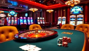 Experience high-stakes gaming with EV88's luxurious casino ambiance featuring roulette, cards, and chips.