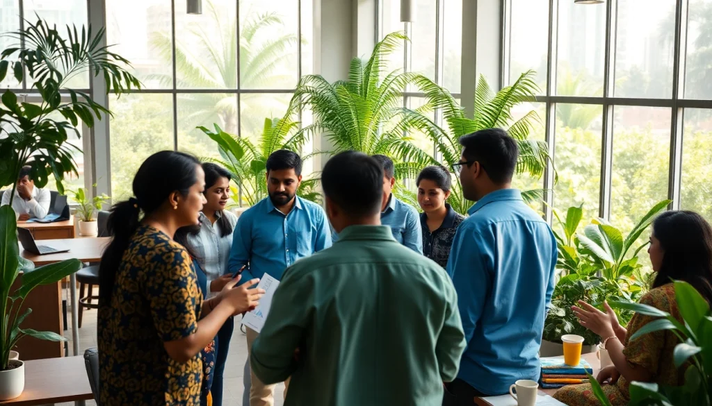 Showcasing vibrant entrepreneurs in startup kolkata collaborating in a creative workspace filled with greenery.
