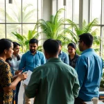 Showcasing vibrant entrepreneurs in startup kolkata collaborating in a creative workspace filled with greenery.