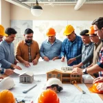 Builders analyzing plans during a Texas association of builders meeting, showcasing collaboration.