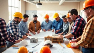 Builders analyzing plans during a Texas association of builders meeting, showcasing collaboration.