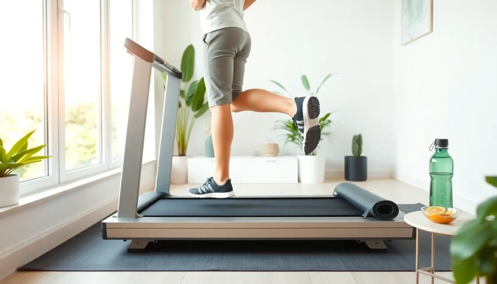 Walking pad treadmill manufacturer showcasing a modern home gym setup with bright, welcoming lighting.