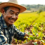 Petani toto merawat tanaman di ladangnya yang subur dan hijau, menciptakan suasana yang ceria.