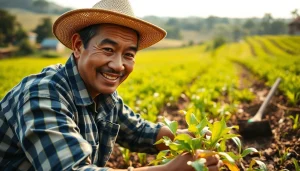 Petani toto merawat tanaman di ladangnya yang subur dan hijau, menciptakan suasana yang ceria.