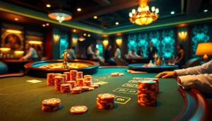 Excited players enjoying VN88 online casino games at a luxurious poker table.