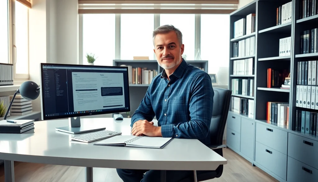 Professional workspace of a beëdigd vertaler, showcasing modern office elements and translation tools.