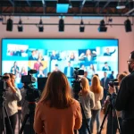 Capture a dynamic scene in a professional Video Production Company Phoenix studio with diverse creators collaborating.