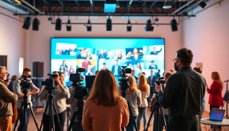 Capture a dynamic scene in a professional Video Production Company Phoenix studio with diverse creators collaborating.