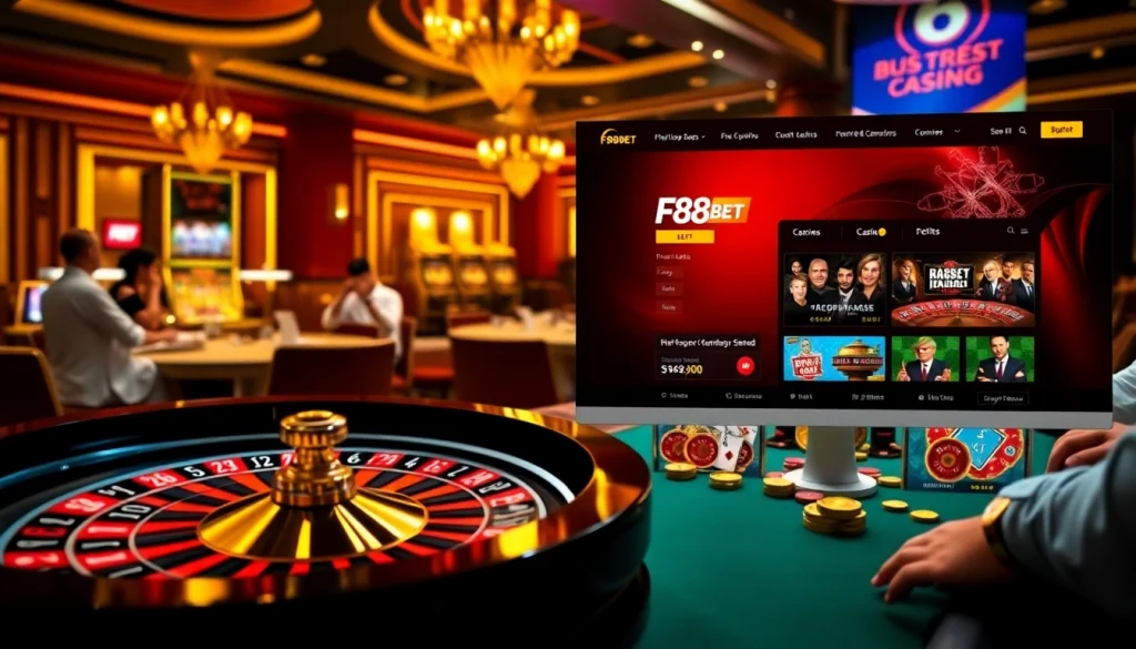 Experience the excitement of F88BET in a vibrant casino scene with roulette and poker games.