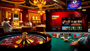 Experience the excitement of F88BET in a vibrant casino scene with roulette and poker games.