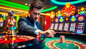 Action-packed gameplay at nhà cái Go99 featuring roulette and poker chips in an upscale casino setting.