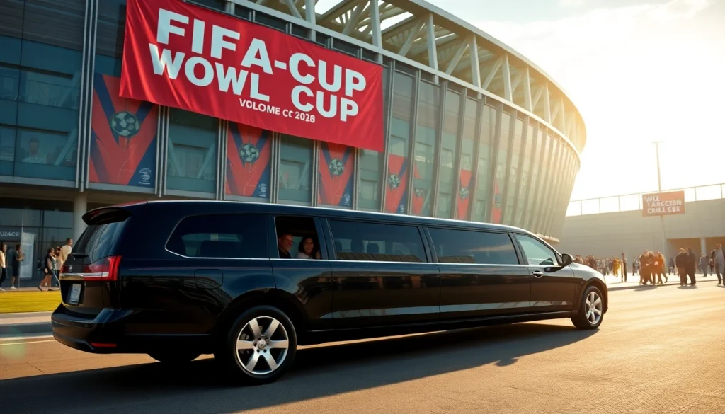 World Cup Group Transportation in a luxurious limo outside a stadium, showcasing elegance and excitement.