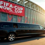 World Cup Group Transportation in a luxurious limo outside a stadium, showcasing elegance and excitement.