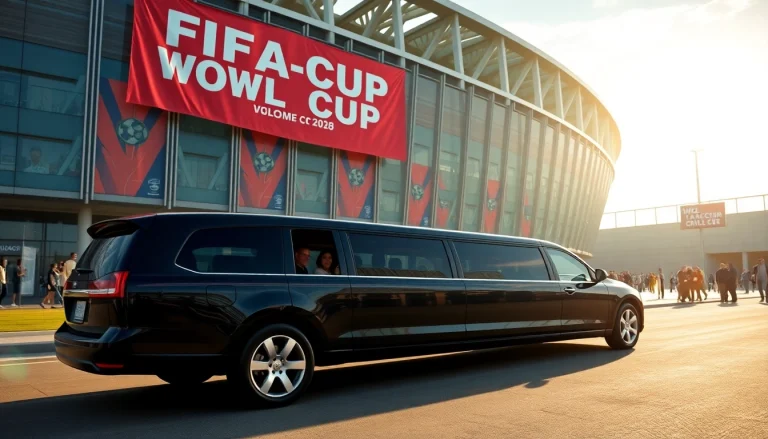 World Cup Group Transportation in a luxurious limo outside a stadium, showcasing elegance and excitement.
