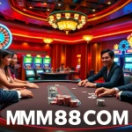 Engaging poker game scene with players and dice at MM88COM casino.