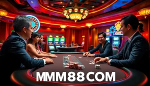 Engaging poker game scene with players and dice at MM88COM casino.