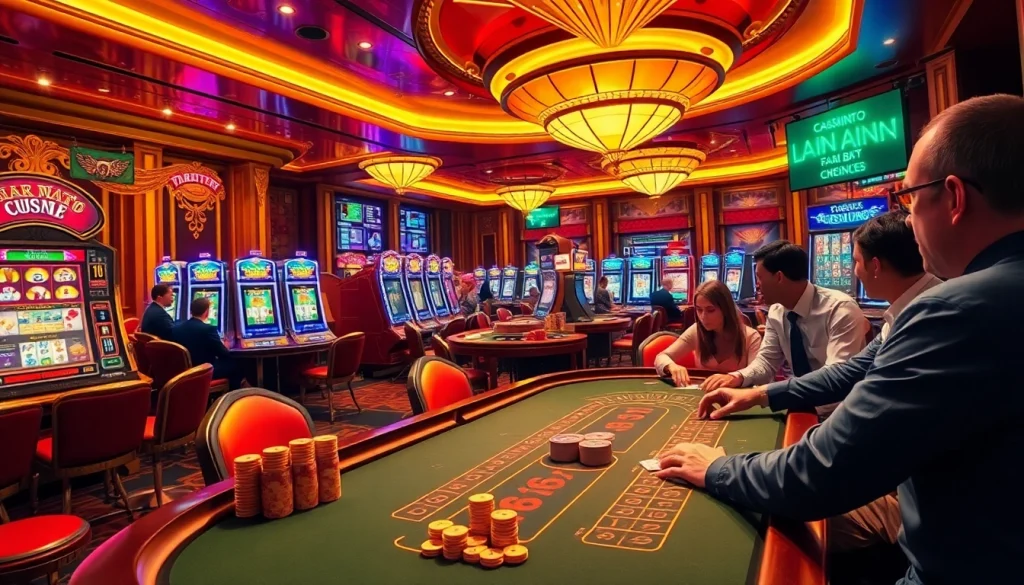 Experience the thrill of birutoto gaming at a luxurious casino with vibrant slot machines and excited players.