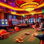 Experience the thrill of birutoto gaming at a luxurious casino with vibrant slot machines and excited players.