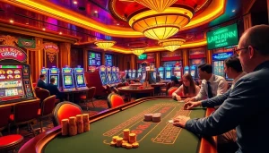 Experience the thrill of birutoto gaming at a luxurious casino with vibrant slot machines and excited players.