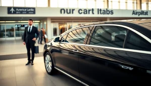 Experience premium airport black car service with a professional chauffeur at a luxury terminal.