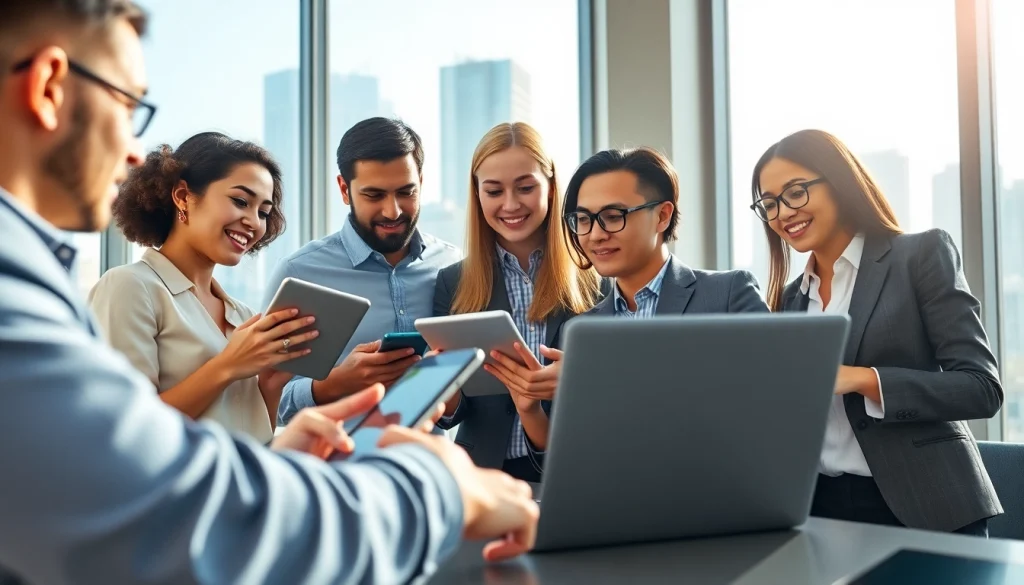 Engaged team exploring mobile crm features on devices in a bright office environment.