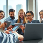 Engaged team exploring mobile crm features on devices in a bright office environment.