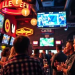 Engaging scene of sports betting in California showing fans enthusiastically placing bets.