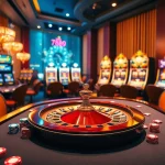 Exciting casino atmosphere showcasing link vào 789p with vibrant games and a roulette wheel.
