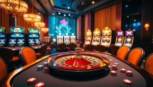 Exciting casino atmosphere showcasing link vào 789p with vibrant games and a roulette wheel.