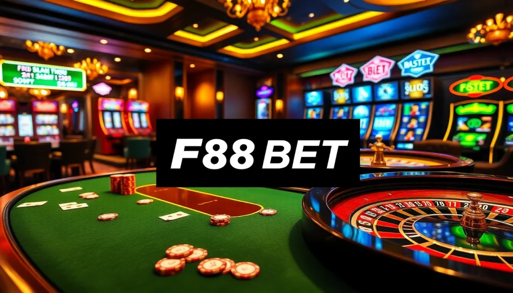 Players enjoy an exciting game of blackjack at F88BET, surrounded by vibrant casino ambiance.
