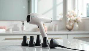 Using laifen swift special hair dryer with three nozzles on a sleek bathroom countertop.