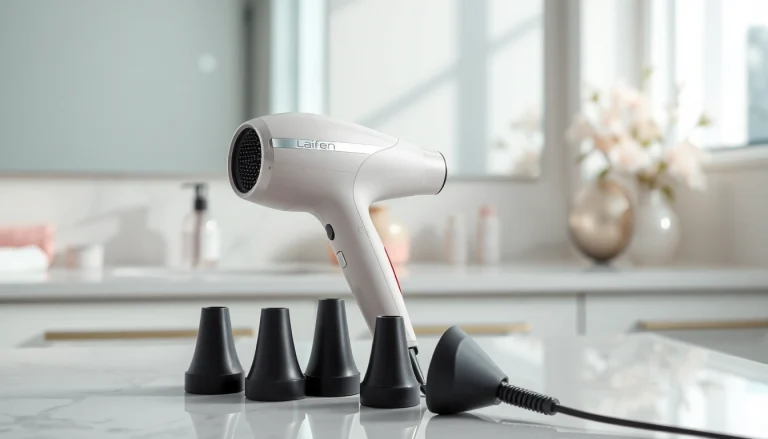Using laifen swift special hair dryer with three nozzles on a sleek bathroom countertop.