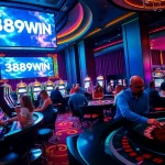 Experience excitement at 389WIN casino with vibrant slot machines and roulette tables.