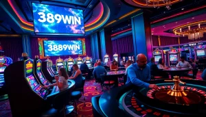 Experience excitement at 389WIN casino with vibrant slot machines and roulette tables.