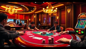 VUA99 casino players engaged in an exciting poker game with chips and cards.