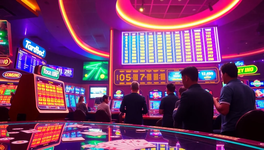 Permainan togel online dengan antusiasme pemain di latar belakang berwarna neon.