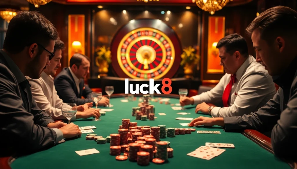 Engaged players at a high-stakes poker table showcasing the Luck8 brand in a luxurious casino atmosphere.