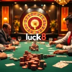 Engaged players at a high-stakes poker table showcasing the Luck8 brand in a luxurious casino atmosphere.