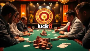 Engaged players at a high-stakes poker table showcasing the Luck8 brand in a luxurious casino atmosphere.