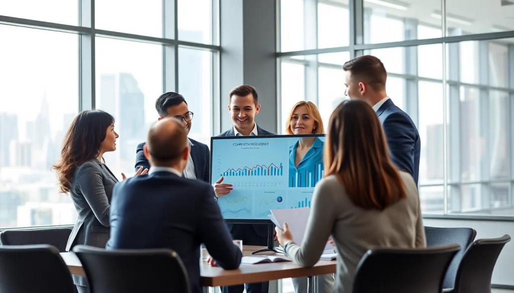 Team discussing competitive intelligence insights with data visuals in a contemporary office.