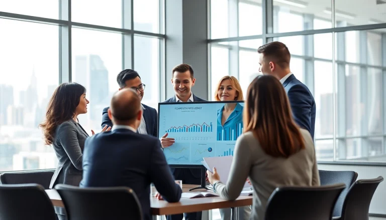 Team discussing competitive intelligence insights with data visuals in a contemporary office.