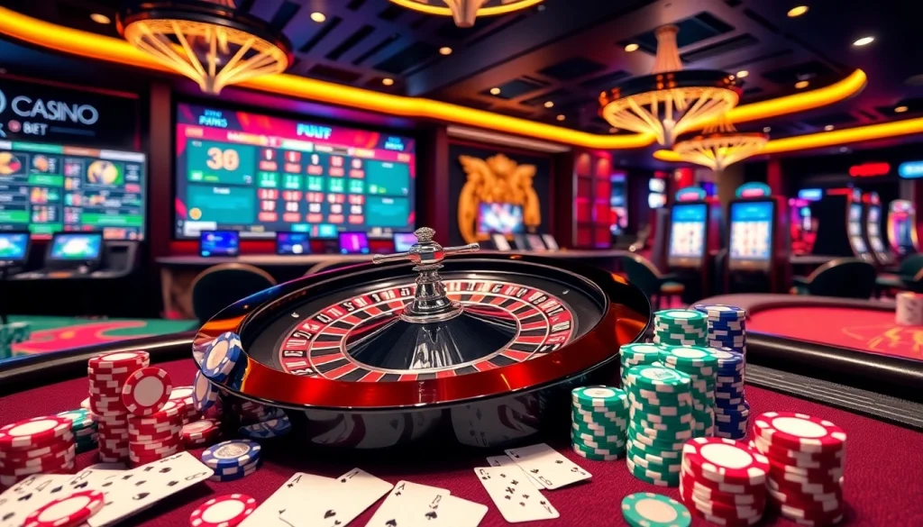 Trải nghiệm sự hứng thú của trò chơi bet vip với cảnh casino sống động có roulette và poker.