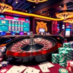 Trải nghiệm sự hứng thú của trò chơi bet vip với cảnh casino sống động có roulette và poker.